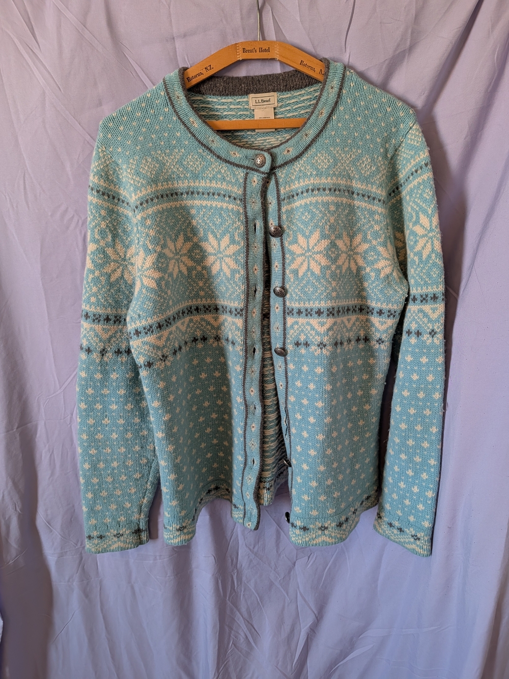 L.L. Bean Aqua and White Snowflake Button Cardigan